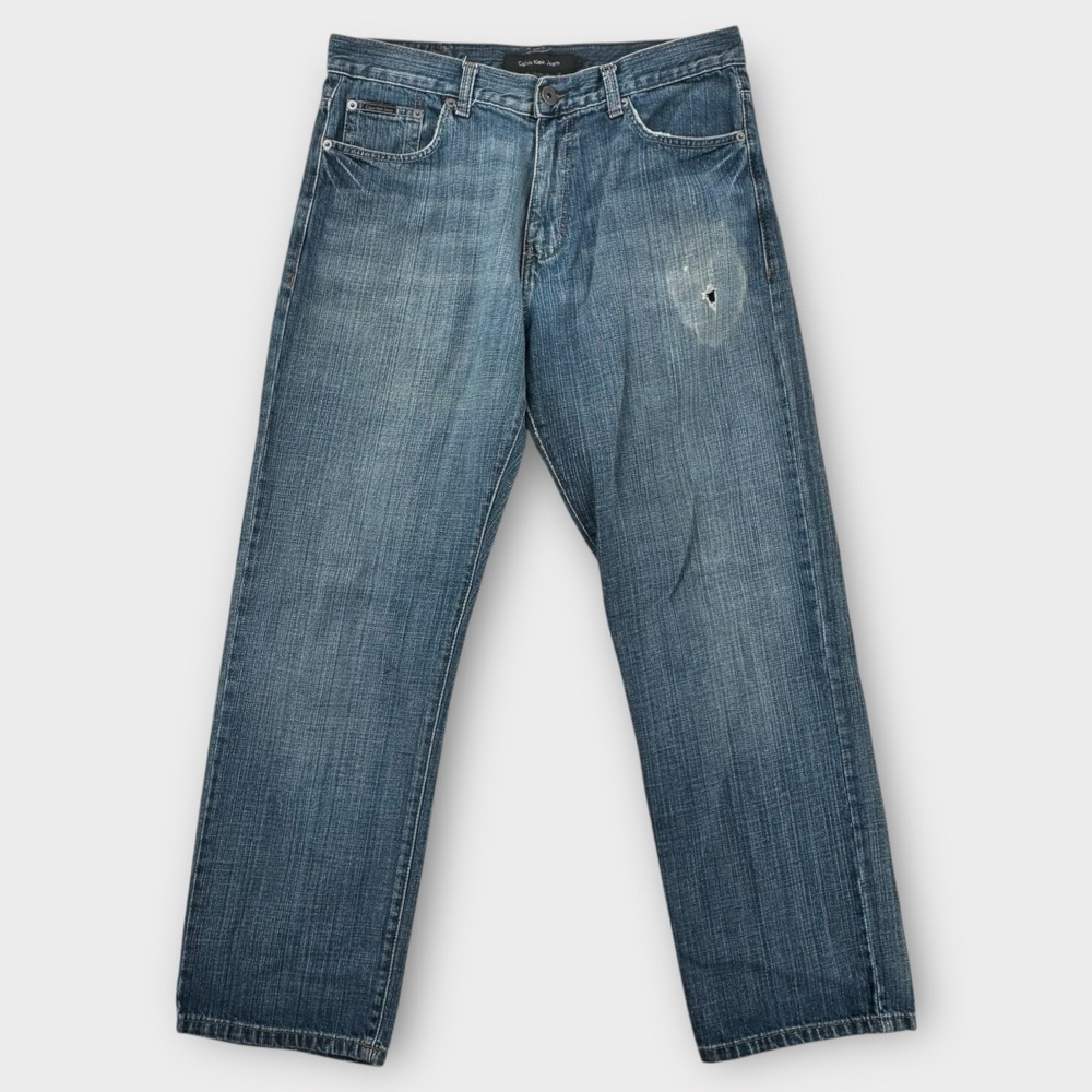 Calvin Klein Jeans Mens 34x30 Relaxed Straight Distressed Blue Vintage Thrashed